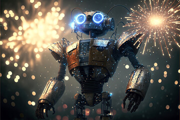 Robot Stargazing Celebrating New Year's Eve, generative ai