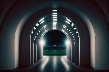 Stadium tunnel leading to soccer field. Players, athletes entrance to illuminated football stadium full of fans. Generative AI