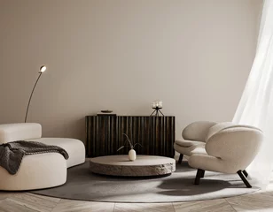 Fotobehang Scandinavisch Modern interior design of living room with sofa and two white armchairs. Beige home interior with minimalistic furniture 3D Rendering, 3D Illustration  © hd3dsh