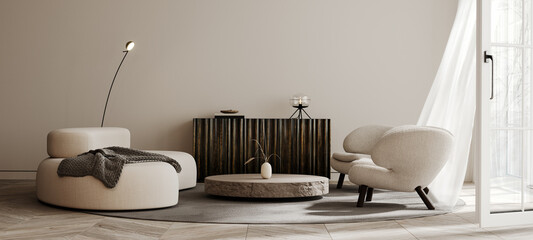 Modern interior design of living room with sofa and two white armchairs. Beige home interior with minimalistic furniture 3D Rendering, 3D Illustration