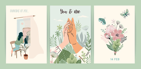 Set of Romantic illustrations. Man and woman. Love, love story, relationship. Vector design concept for Valentines Day and other.