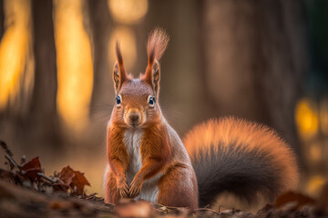 The Eurasian red squirrel (Sciurus vulgaris) in a woodland during the fall, in its native environment. A close up squirrel portrait. Rich, warm hues are everywhere in the forest. Generative AI