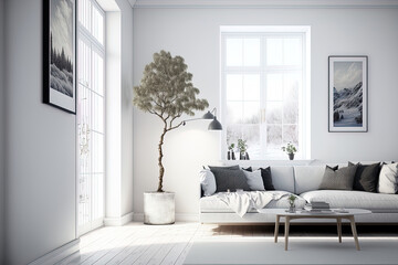 Fototapeta na wymiar Imagination of a white Scandinavian living room with a sofa, hardwood floor, picture frames, and a white landscape beyond the window. Nordic interior design for a home. Generative AI