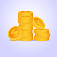 Stack of colourful vector realistic coins. Pile of money. Cartoon 3d illustration for banner, site, print, banner, game.