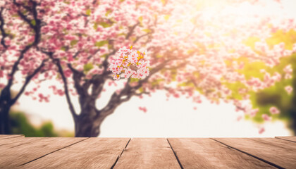 Empty wood table top and blurred sakura flower tree in garden background,  for display or montage your products.