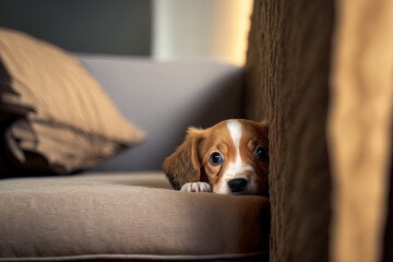 At home, a cute puppy dog is hiding behind the sofa. Generative AI - obrazy, fototapety, plakaty