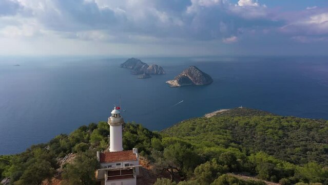 Gelidonya Lighthouse and Sea. Antalya, Turkey. Aerial View. Drone Flies Forward, Tilt Up. Reveal Shot