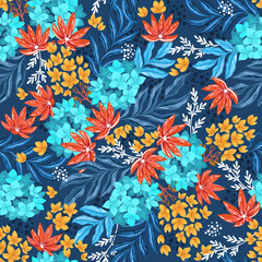 Bright colors flowers compositions. Vector seamless pattern with hand drawn illustrations.