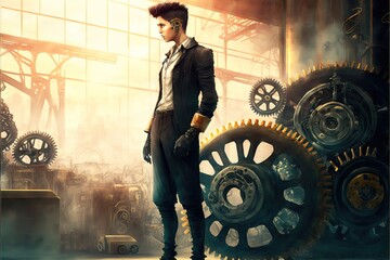 Fototapeta na wymiar A man stands near the gears, the industrial age