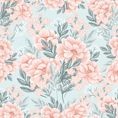 Pink flowers and mint leaves. Vector seamless pattern with hand drawn illustration on floral theme