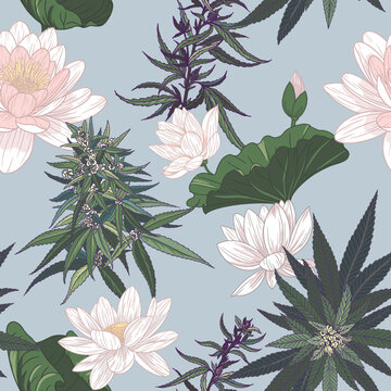 Lotos and hemp flowers and leaves. Seamless vector pattern with hand drawn plant illustrations