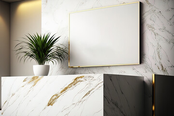 White marble walls, the reception desk, and a gold logo. Generative AI