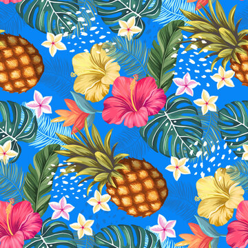 Tropical, flowers, leaves and pineapples. Vector seamless pattern with hibiscus, plumeria, palm tree leaves hand drawn illustrations