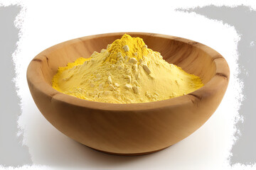 Polenta made of cornmeal in a wooden dish, white background. looking up. Lay flat. Generative AI