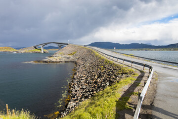 Dark clouds over the Atlantic Ocean Road bridges and structures in Norway