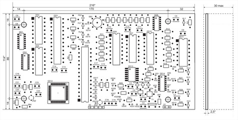 Vector technical drawing. Placement of components on the printed circuit board of an electronic device. Design documentation.