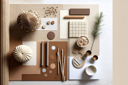A creative architect's moodboard composition in the form of a flat lay with examples of buildings, beige textiles, and natural materials as well as fashion accessories top view, model. Generative AI