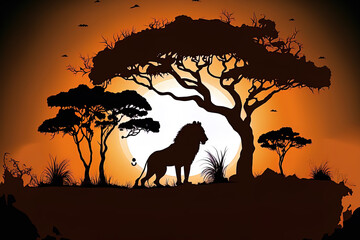 Fototapeta na wymiar at a savanna woodland, a lion silhouette. Generative AI
