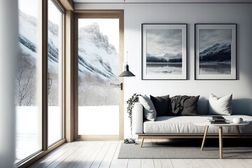 Interior of a white minimalist living room with a sofa on a hardwood floor, decorations on a big wall, and a white landscape outside the window. Nordic interior design. Generative AI