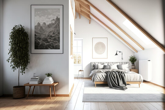 Interior of a sizable, airy attic with a wooden floor and a mock up wall. A bed with a blanket in the backdrop, a picture with books on a sideboard, and a gray contemporary sofa are all present. in fr