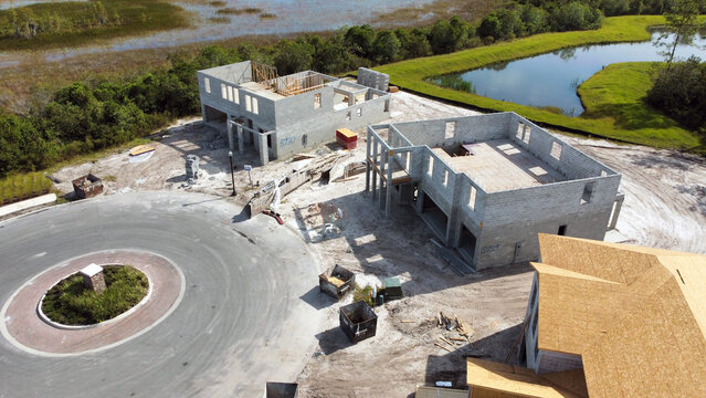 Aerial drone image of new construction of neighborhood in tampa florida
