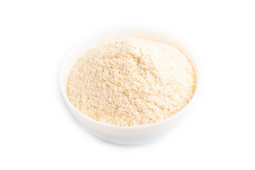 Powdered milk and buckwheat baby food mix isolated on white, top view