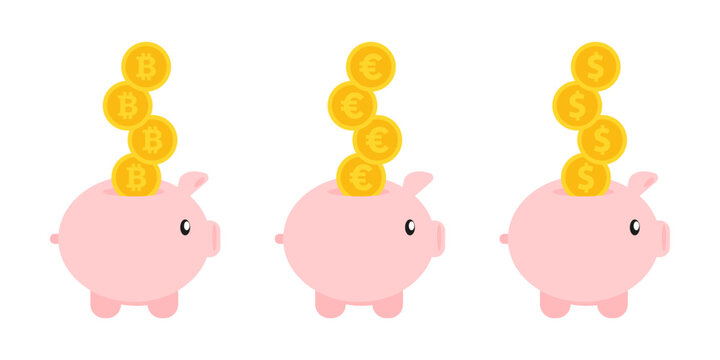 Set of Piggy bank with coin icon.Vector Illustration