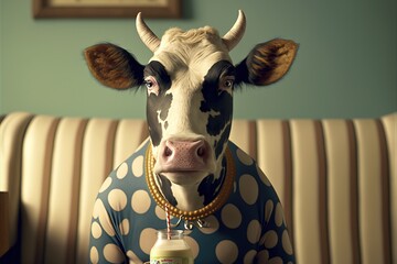 isolate of a cow in the living room and drinking milk. illustration. Digital. Generative AI.	