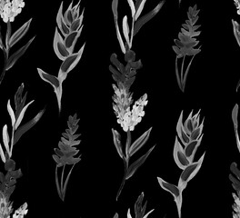 monochrome seamless pattern with tropical dried plant painted with gouache for summer textile