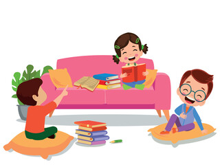 children sitting on sofa reading a book