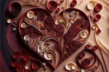 Valentines day paper quilling heart gold red background