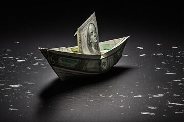 Boat made of dollar banknotes, floating on water. Representing adrift economy, financial crisis. Made with AI.