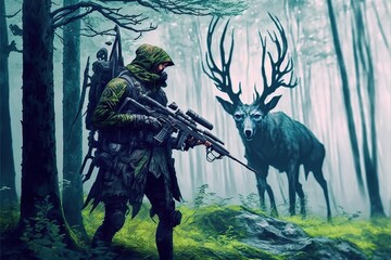 A soldier of the future hunts a deer monster