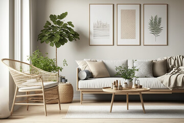 Naklejka premium Scandinavian living room design with wood natural furniture, interior wall mock up, illustration. Generative AI