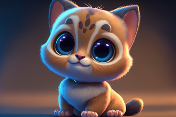 Cute brown kitty cat, big blue eyes, 3D cartoon animation style for children. Generative AI. - obrazy, fototapety, plakaty