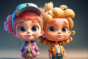 2 cool friends, cute cartoon little girl characters with ginger and blonde hair. 3D children animation style. Generative AI