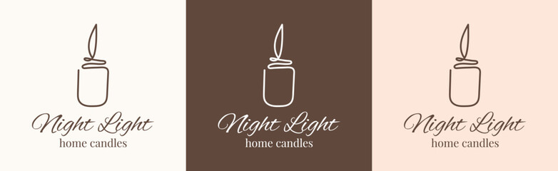 Set of one line candle logo Night light home candle. Vector sketch illustration. Template design. Romantic background. Brown neutral colors. Vector illustration