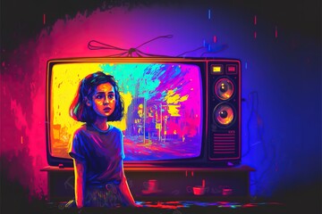The bright rainbow radiation of the TV pours out on the girl