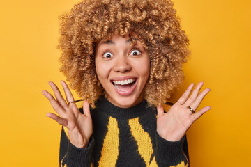 Joyful optimistic woman woman keeps hands raised up smiles toothily reacts to awesome news wears casual jumper isolated over yellow wall. Positive curly haired female model hears something excellent