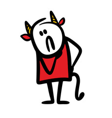 Brooding demon from hell with horns and a tail in red.