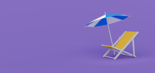 Summer time concept with beach chair and beach umbrella on purple background, 3d rendering.