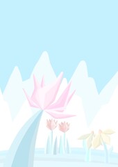 Paesaggio di montagna invernale, illustrazione colori pastello chiari soft, cartolina fiabesca con fiori ghiacciati, jpg, biglietto di auguri, invito a una festa, clima con freddo gelo e neve - obrazy, fototapety, plakaty