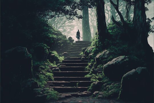 A man climbs a ladder in a mystical forest