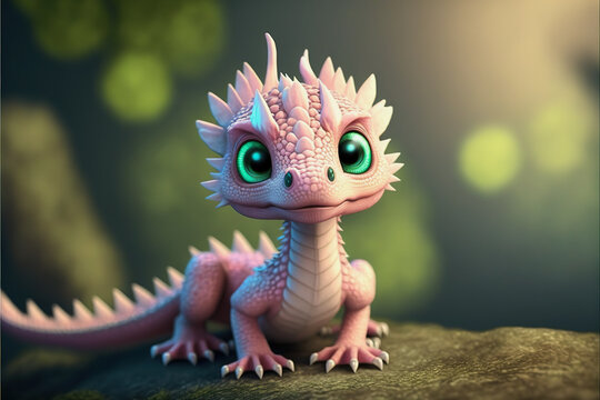 ai midjourney illustration of a cute rose colored baby dragon looking