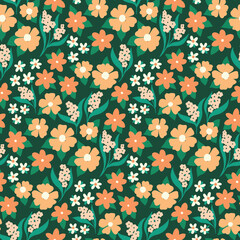 Seamless floral pattern, mini ditsy print with retro motif. Pretty flower background with small hand drawn plants: flowers, leaves on a green field. Cute design for fabric, paper. Vector illustration.