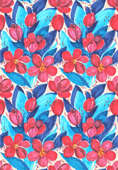 red tulips, flowers and leaves. Seamless pattern with hand drawn art and floral theme