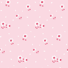 Fototapeta na wymiar Seamless floral pattern, cute ditsy print with mini daisies. Pretty flower design with small hand drawn flowers, tiny leaves in liberty arrangement on pink background. Vector illustration.