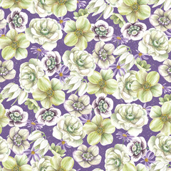 White blossom flowers. Seamless pattern with watercolor illustrations on purple background