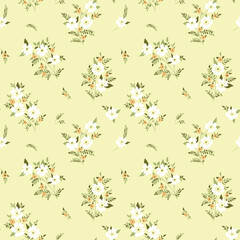 Seamless floral pattern, cute rustic style flower print in light colors. Romantic ditsy design for fabric, paper: small flowers, leaves, twigs on a delicate yellow background. Vector illustration.