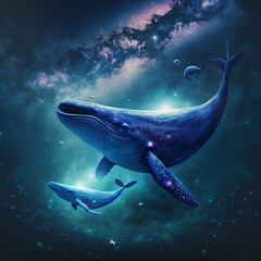 Whales swim in space, AI generation